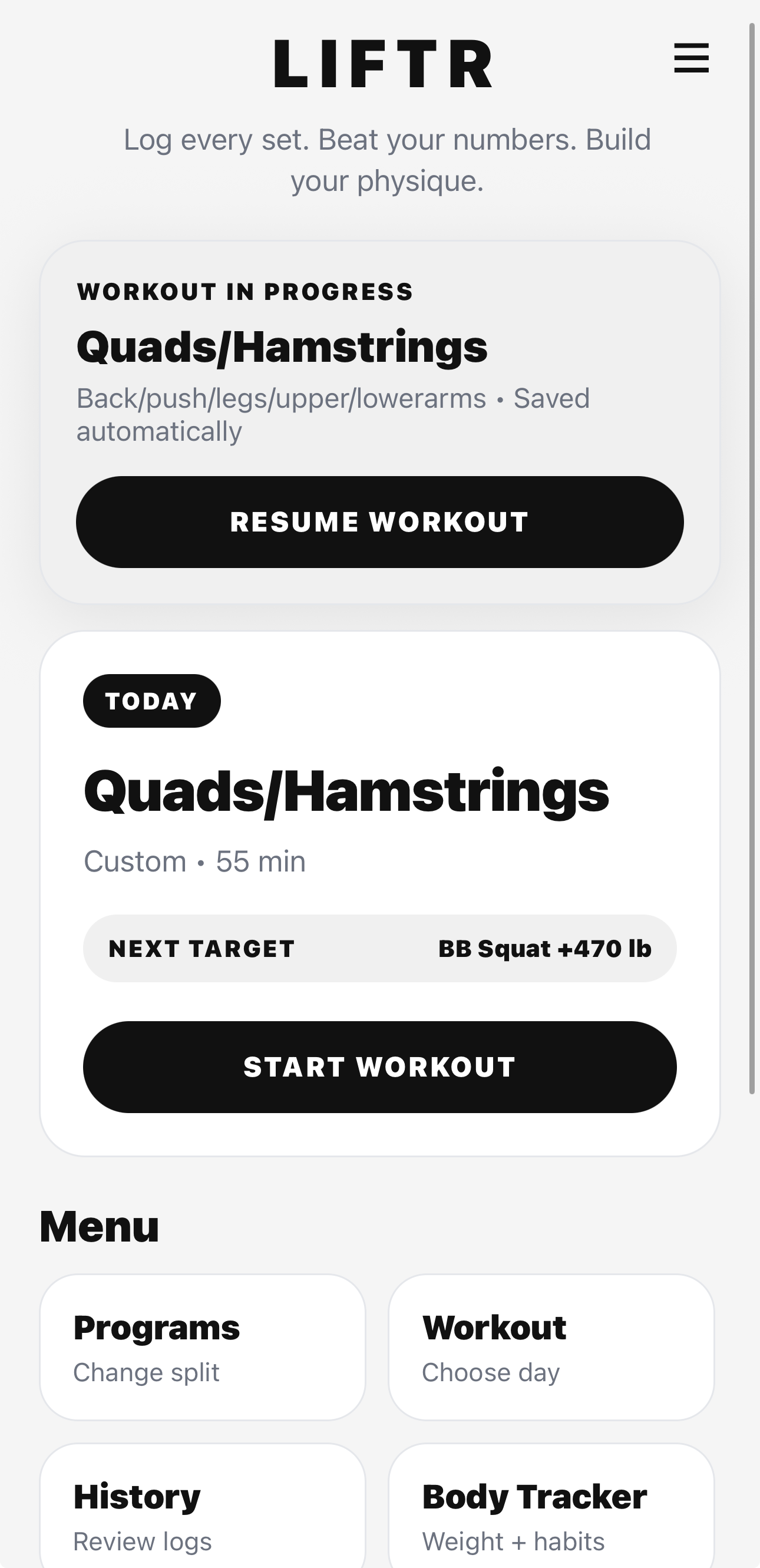 LIFTR home dashboard