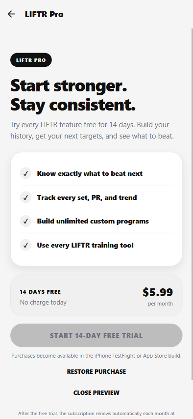 LIFTR Pro trial screen