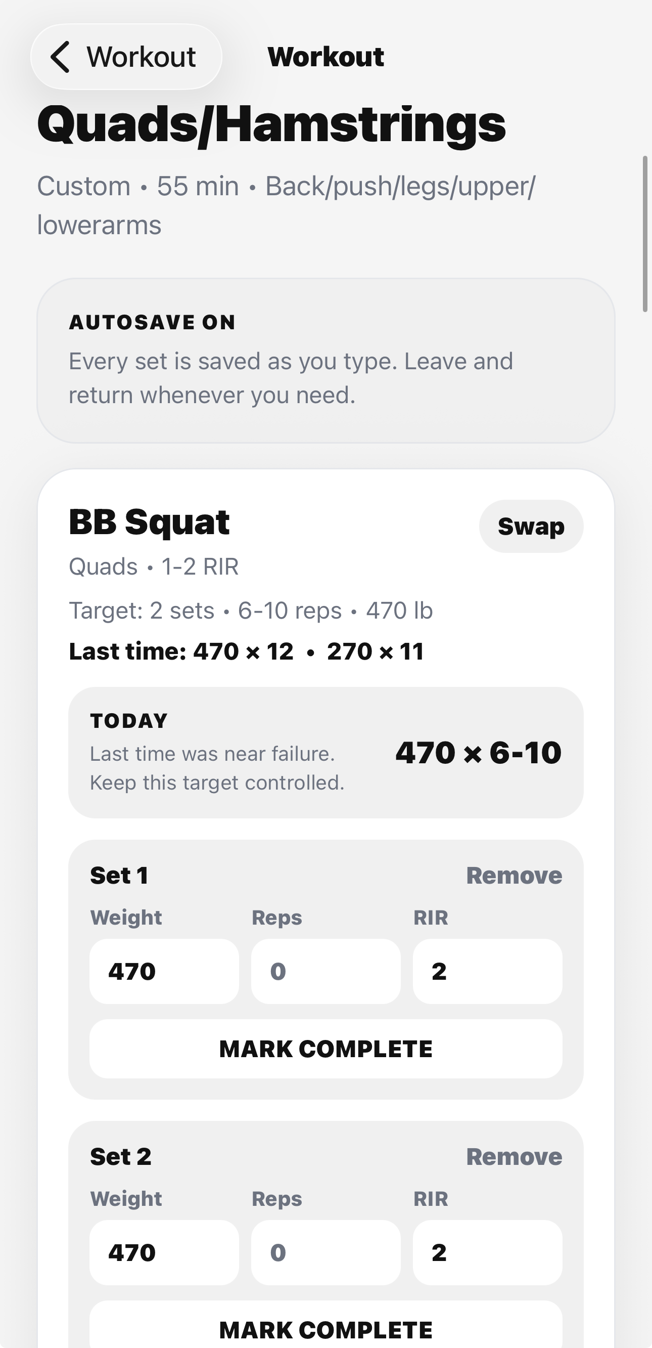 LIFTR workout logger showing targets, RIR, and autosaved sets